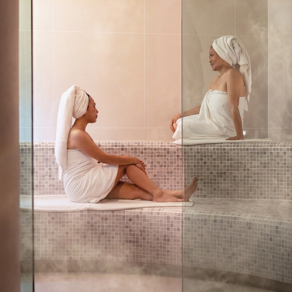 two women are relaxing in the Herbal steam room in Amla Aqua - Organic spa & hydrotherapy in Cherngtalay, Phuket